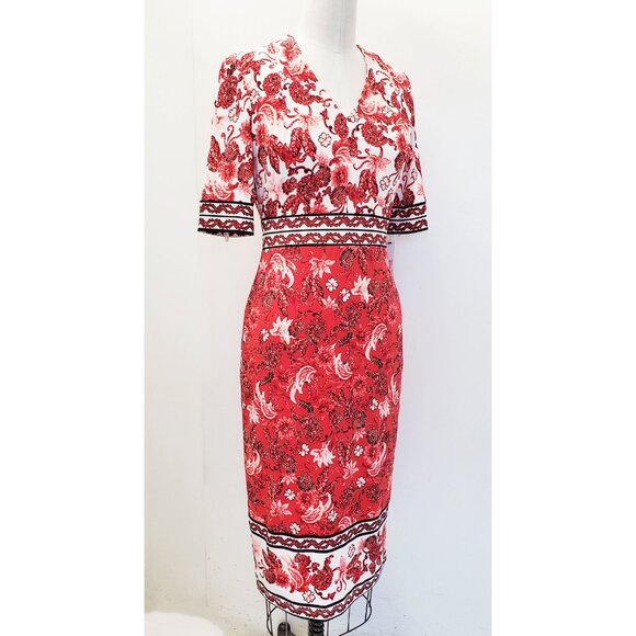Maggy London Womens Red White Border Print Floral Short Sleeve Midi Dress NWT 2 - Picture 9 of 13